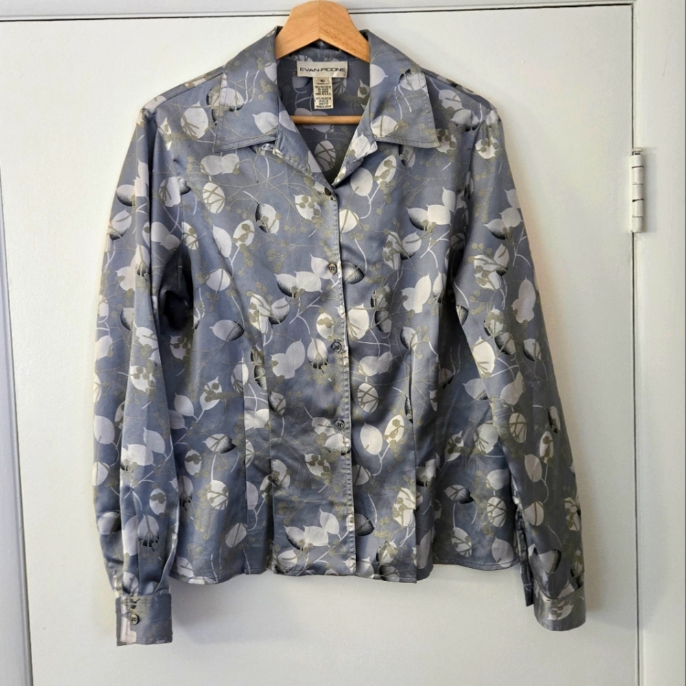 Evan Picone Silver Floral Dressy Button Down Shirt Size 10